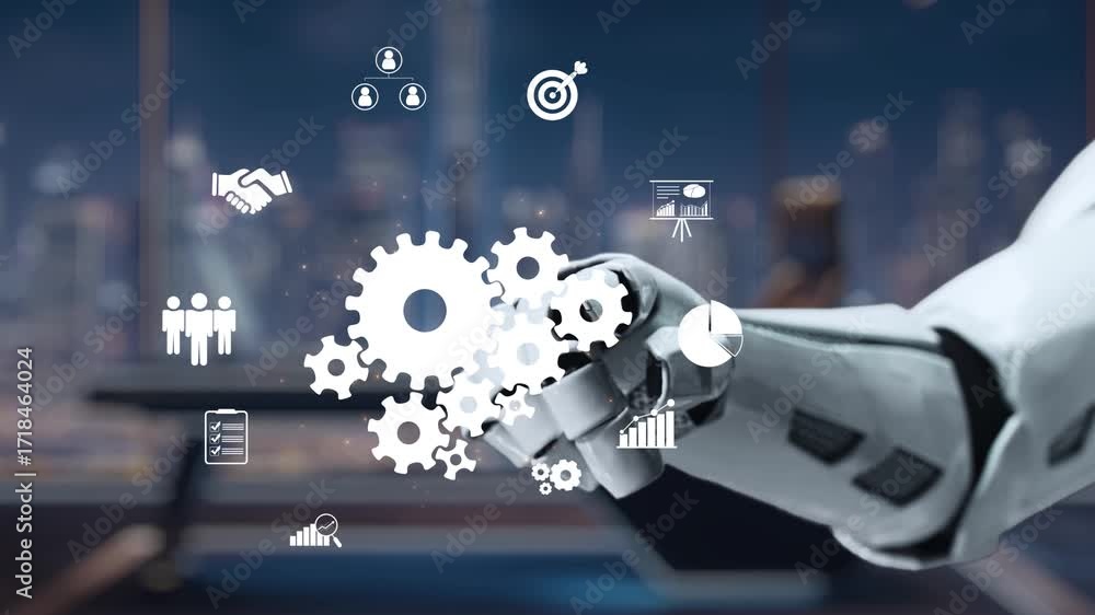 Poster a robotic hand creatively interacts with gears and digital icons in a sleek office environment, symb