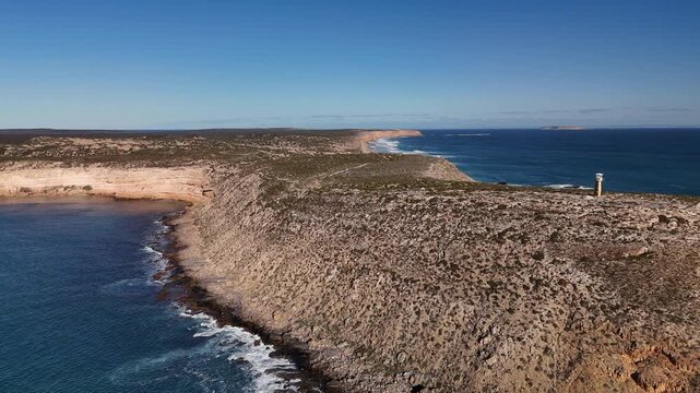 West Cape Lighthouse & Ethel Wreck Beach in Innes National Park, Yorke Peninsula, South Australia Coast: 4K Aerial Drone Footage of Rugged Coastline, Rocky Cliffs, Ocean Waves near Pondalowie Bay
