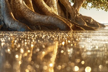 Massive tree roots at water's edge, golden reflections