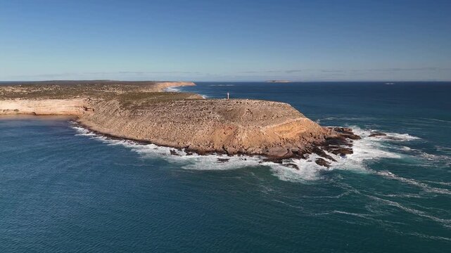 West Cape Lighthouse & Ethel Wreck Beach in Innes National Park, Yorke Peninsula, South Australia Coast: 4K Aerial Drone Footage of Rugged Coastline, Rocky Cliffs, Ocean Waves near Pondalowie Bay