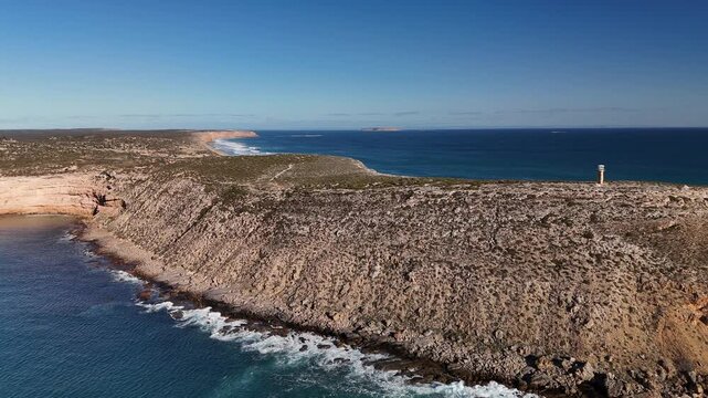 West Cape Lighthouse & Ethel Wreck Beach in Innes National Park, Yorke Peninsula, South Australia Coast: 4K Aerial Drone Footage of Rugged Coastline, Rocky Cliffs, Ocean Waves near Pondalowie Bay
