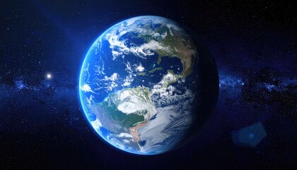 Obraz premium Realistic Earth Render with Clouds and Detailed Continents in Space with Starry Sky and Lighting Effects