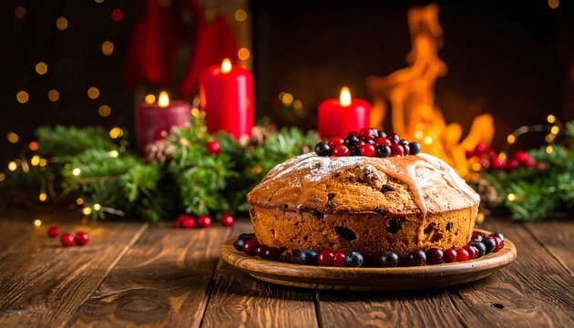 Festive fruitcake on wooden table - Powered by Adobe