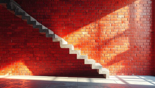 Red Brick Wall with Concrete Staircase Architecture Detail Under Sunlight - Powered by Adobe