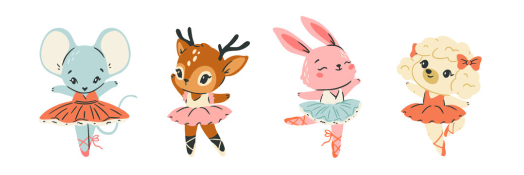 Set of cute ballerina animals. Mouse, rabbit, deer and dog dancing in ballet pointe shoes and tutus. Designs in childrens style. Flat vector illustration collection