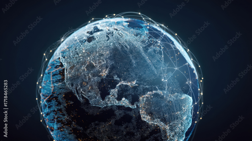 Poster digital representation of earth showcasing network of connections and data points, symbolizing globa