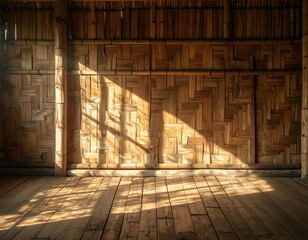 Obraz premium Interior of a rustic wooden structure with sunlight streaming through.