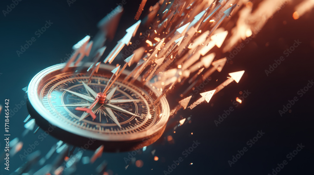 Poster Compass surrounded by dynamic arrows symbolizes direction and guidance, creating sense of movement and exploration. vibrant colors enhance visual impact, evoking feelings of adventure