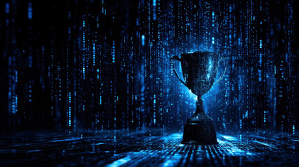 Glowing trophy stands prominently against backdrop of cascading digital data, symbolizing achievement and success modern, technological world. blue tones create sense of innovation and excellence