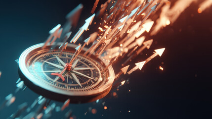 Compass surrounded by dynamic arrows symbolizes direction and guidance, creating sense of movement and exploration. vibrant colors enhance visual impact, evoking feelings of adventure