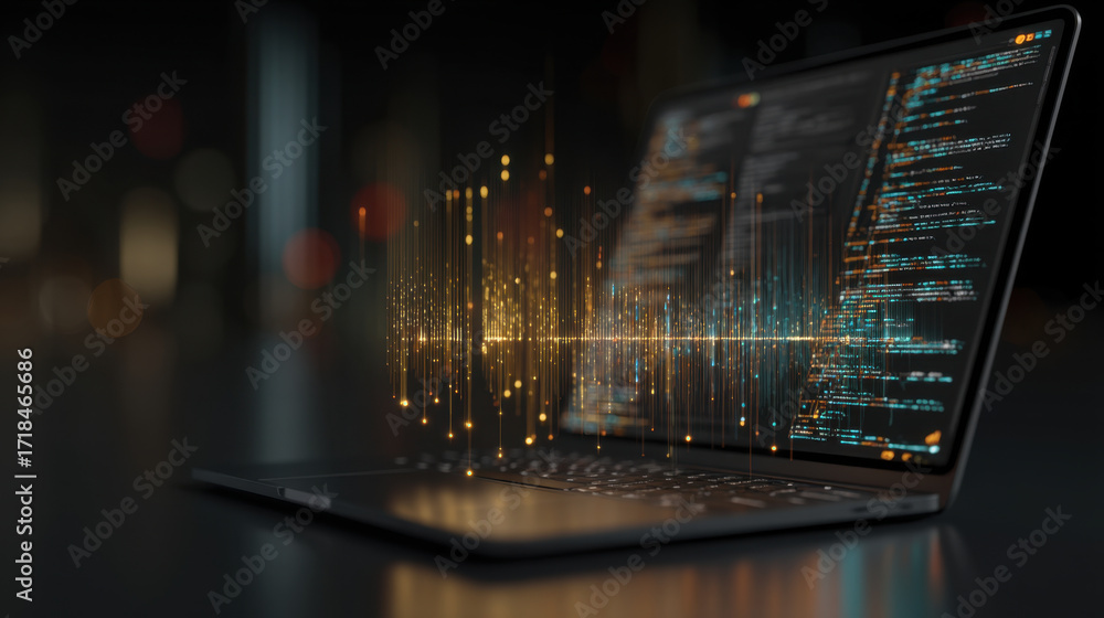 Aufkleber modern laptop displaying code with digital data visualization emanating from screen, symbolizing tec