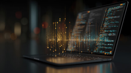 Modern laptop displaying code with digital data visualization emanating from screen, symbolizing technology and innovation. glowing particles create dynamic and futuristic atmosphere