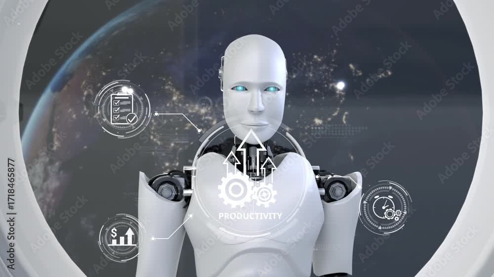 Poster a sleek robot stands in a futuristic environment, showcasing advanced data visualizations aimed at b