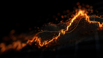 Vibrant digital representation of financial graph showcasing upward trends with glowing orange lines and dots against dark background, evoking sense of growth and success