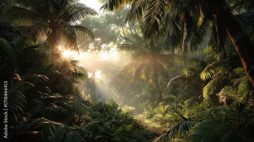 Aufkleber serene jungle scene with sunlight filtering through lush green palm trees, creating tranquil atmosph