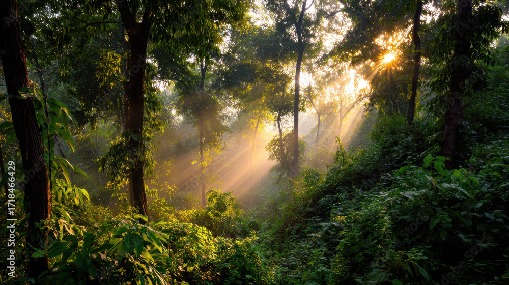Poster serene forest scene with sunlight filtering through trees, creating magical atmosphere. lush greener