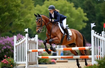 Equestrian athlete jumps horse over obstacle on showjumping course. Young woman in helmet, riding gear competes in equestrian sports event. Horseback riding action, motion, purebred animal, show,
