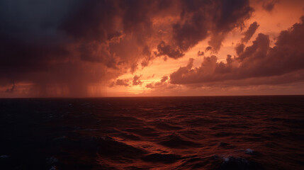 Obraz premium Breathtaking sunset over ocean, showcasing dramatic clouds illuminated by vibrant orange and red hues. scene captures beauty of nature, with waves gently rolling beneath colorful sky