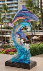 Vibrant glass sculpture of two dolphins leaping over a cascading wave, showcasing a spectrum of iridescent blues, purples, and oranges.