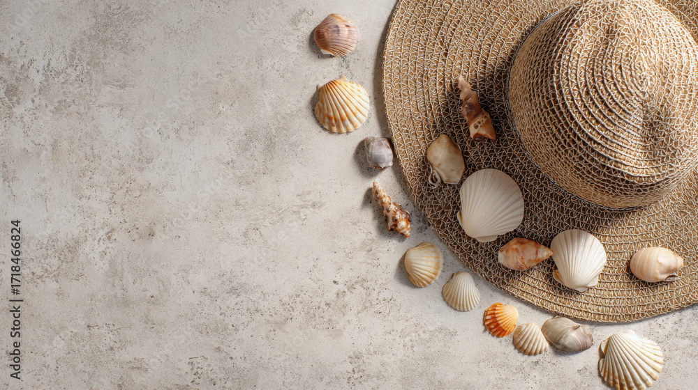 Poster straw hat rests on textured surface, surrounded by various seashells, evoking serene beach atmospher