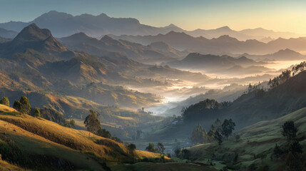 Obraz premium Breathtaking landscape showcasing rolling hills and majestic mountains under soft morning light, with mist gently enveloping valleys, creating serene and tranquil atmosphere