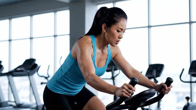Asian Woman Cycling Indoors for Fitness. - Powered by Adobe