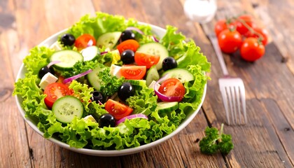 Fresh salad bowl on a wooden table
