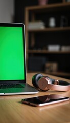 An Open Laptop with a Chroma Key Green Screen Set Up on a Wooden Desk in a Contemporary Office Environment.