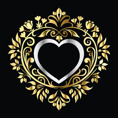 Wedding icon with heart and flower. Vector illustration on black background.