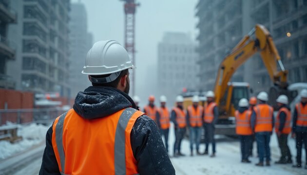 Construction workers gather for safety briefing in snowy urban environment. Men in hard hats, orange vests manage weather risks during site operation. Teamwork, communication, equipment essential for - Powered by Adobe