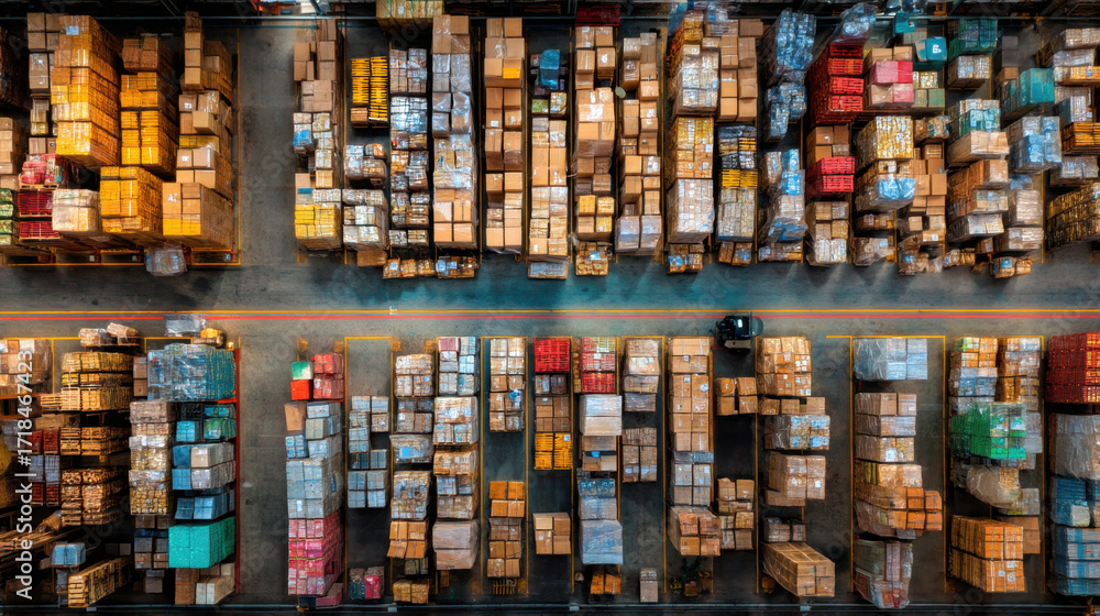 Poster aerial view of large warehouse filled with neatly stacked boxes and packages, showcasing organized s