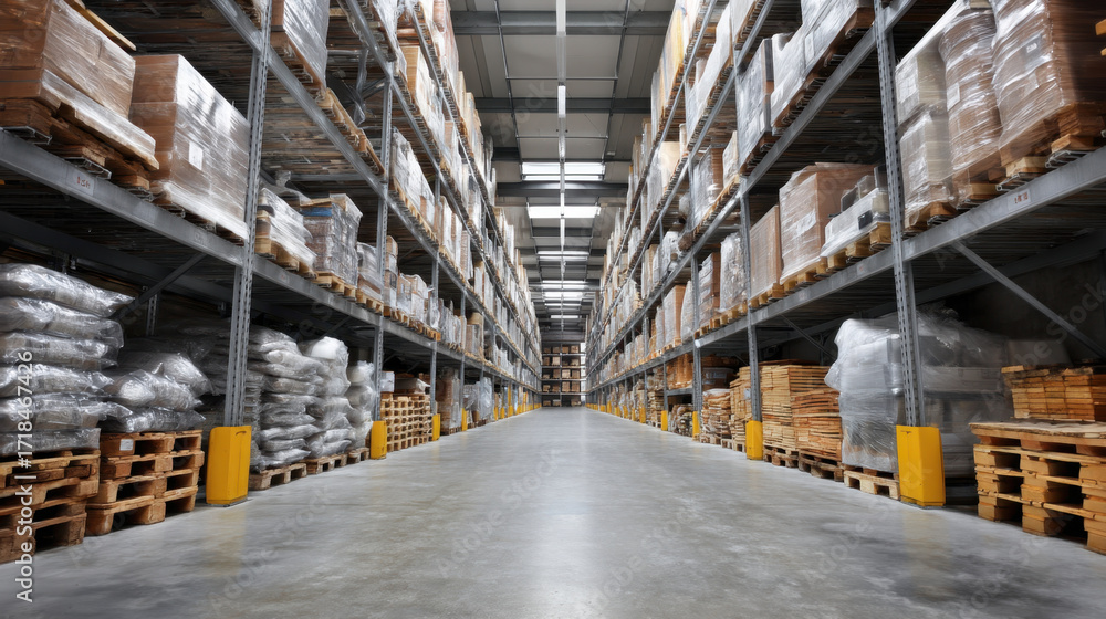 Poster spacious warehouse interior filled with neatly stacked pallets and shelves. organized layout showcas
