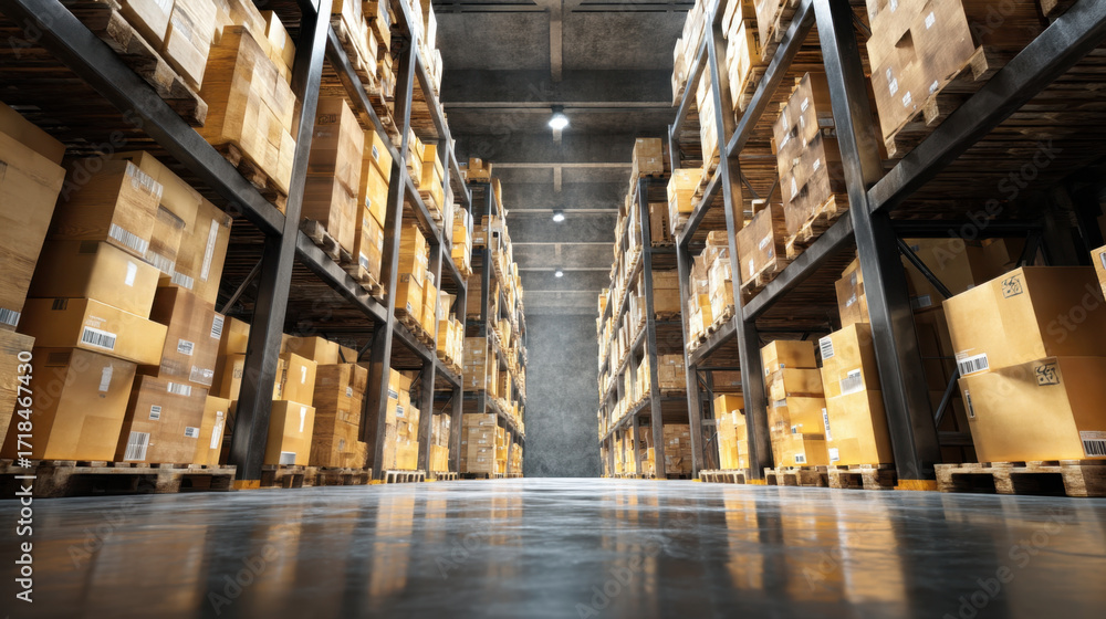 Poster spacious warehouse filled with neatly stacked cardboard boxes on wooden pallets, illuminated by over
