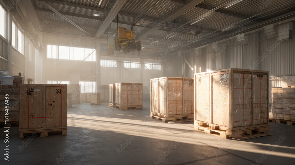 Poster spacious warehouse interior with wooden crates stacked on pallets, illuminated by natural light stre