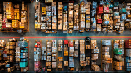 Obraz premium Aerial view of large warehouse filled with neatly stacked boxes and packages, showcasing organized storage system. vibrant colors of boxes create visually striking pattern
