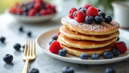 Stack of fluffy pancakes topped with fresh raspberries, blueberries, dusted with powdered sugar. Golden fork rests on side, ready for delicious breakfast brunch. Homemade treat perfect for morning