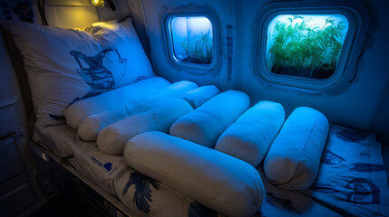 Interior of a submarine or underwater habitat with sleeping bunks and illuminated windows showing aquatic plants outside
