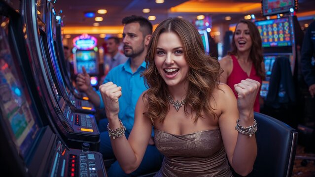 Thrilled woman at slot machines in casino