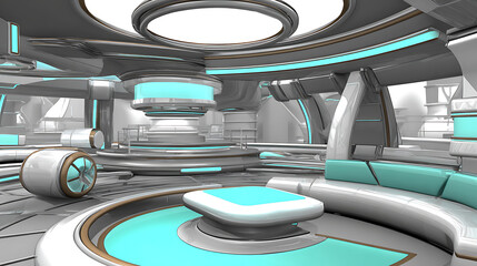 Futuristic interior of a high-tech spacecraft or space station with sleek design and teal lighting