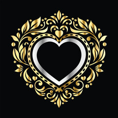 Wedding icon with heart and flower. Vector illustration on black background.
