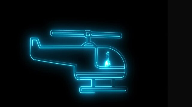 Glowing cyan neon outline of a helicopter with a pilot on a dark background light