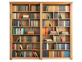 Wooden Bookshelf Filled with Various Books and Stacks of Literature cutout png isolated on a transparent background