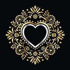 Wedding icon with heart and flower. Vector illustration on black background.