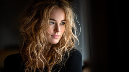 Fototapeta premium Young woman with wavy, blonde hair gazes thoughtfully out of window, capturing moment of introspection and beauty. soft lighting enhances her features, creating serene atmosphere