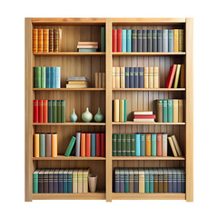 Wooden bookshelf filled with colorful books and decorative vases cutout png isolated on a transparent background