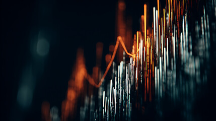 Abstract financial data visualization with glowing chart lines and bars on a dark background