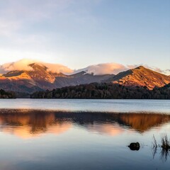 Panoramic lake scene at dawn