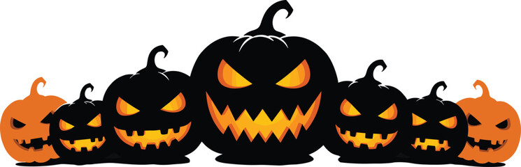 Halloween, pumpkin, jack-o'-lantern, spooky, scary, creepy, eerie, glowing, silhouette, cartoon, icon, vector, illustration, design, black, orange, face, expression, holiday, theme