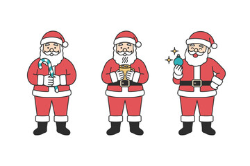 Santa Claus character set holding candy cane, drinking hot cocoa and decorating with Christmas ornament, traditional red costume, festive holiday mascot for seasonal design. Flat vector illustration