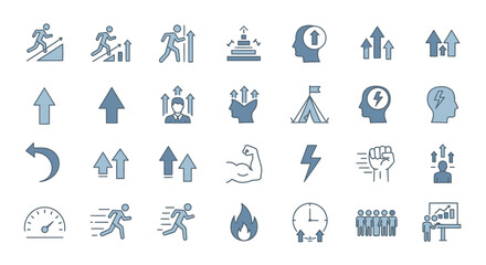 A collection of business and success themed icons depicting growth and forward moving concepts on white
